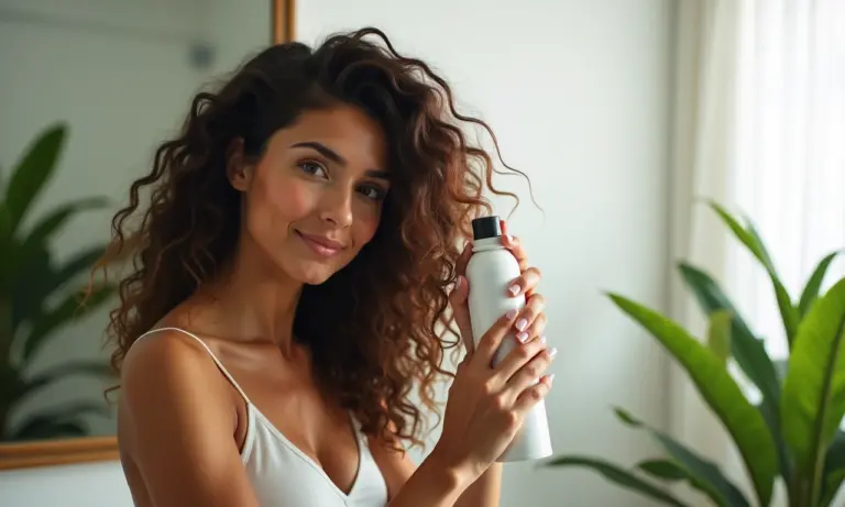 Mulher aplicando mousse para dar volume em cabelo ondulado.