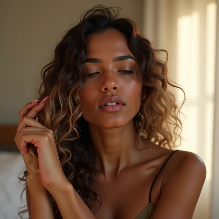 Mulher aplicando óleo capilar nas pontas do cabelo em quarto iluminado.