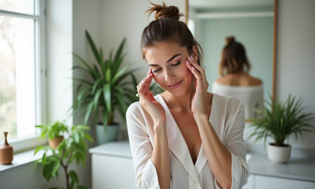 Mulher aplicando óleo essencial de lavanda nas têmporas para relaxamento.