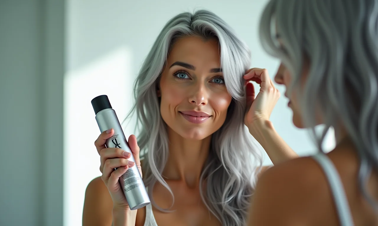 Mulher aplicando produto específico para cabelos grisalhos no banheiro.