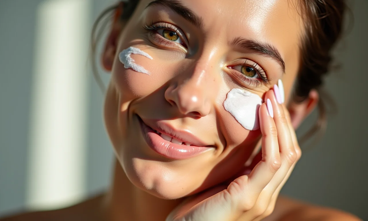 Mulher aplicando produto vegano para uma pele saudável.