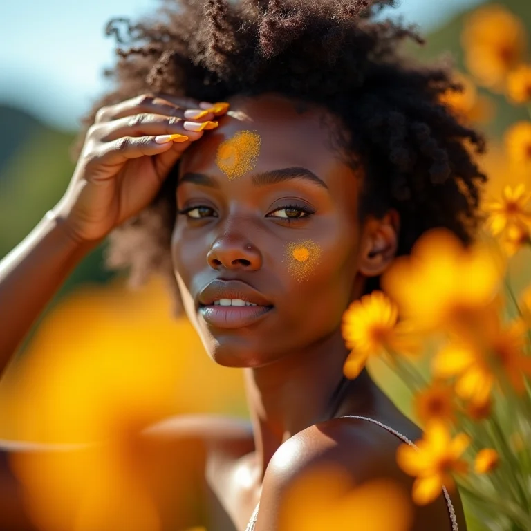 Mulher aplicando protetor solar e açafrão