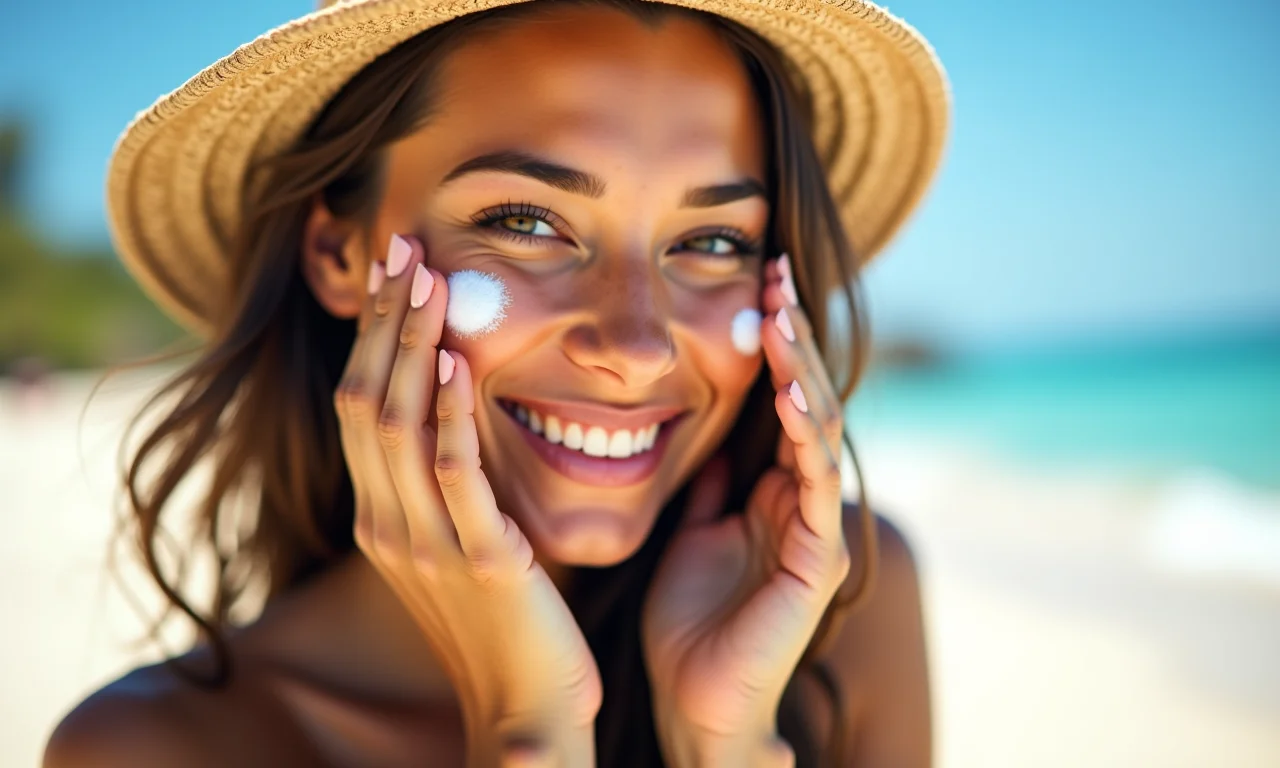 Mulher aplicando protetor solar na praia, cuidando da pele e cabelo no verão.
