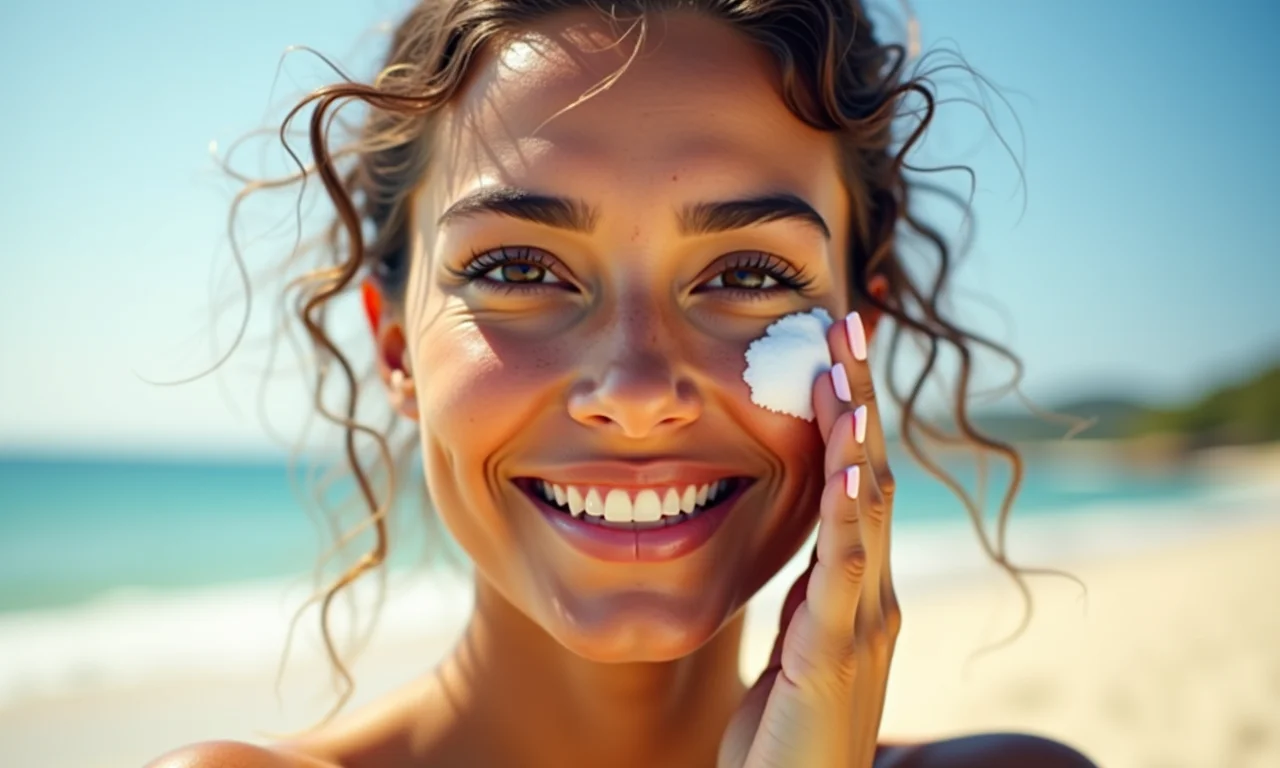 Mulher aplicando protetor solar no rosto em um dia de praia.