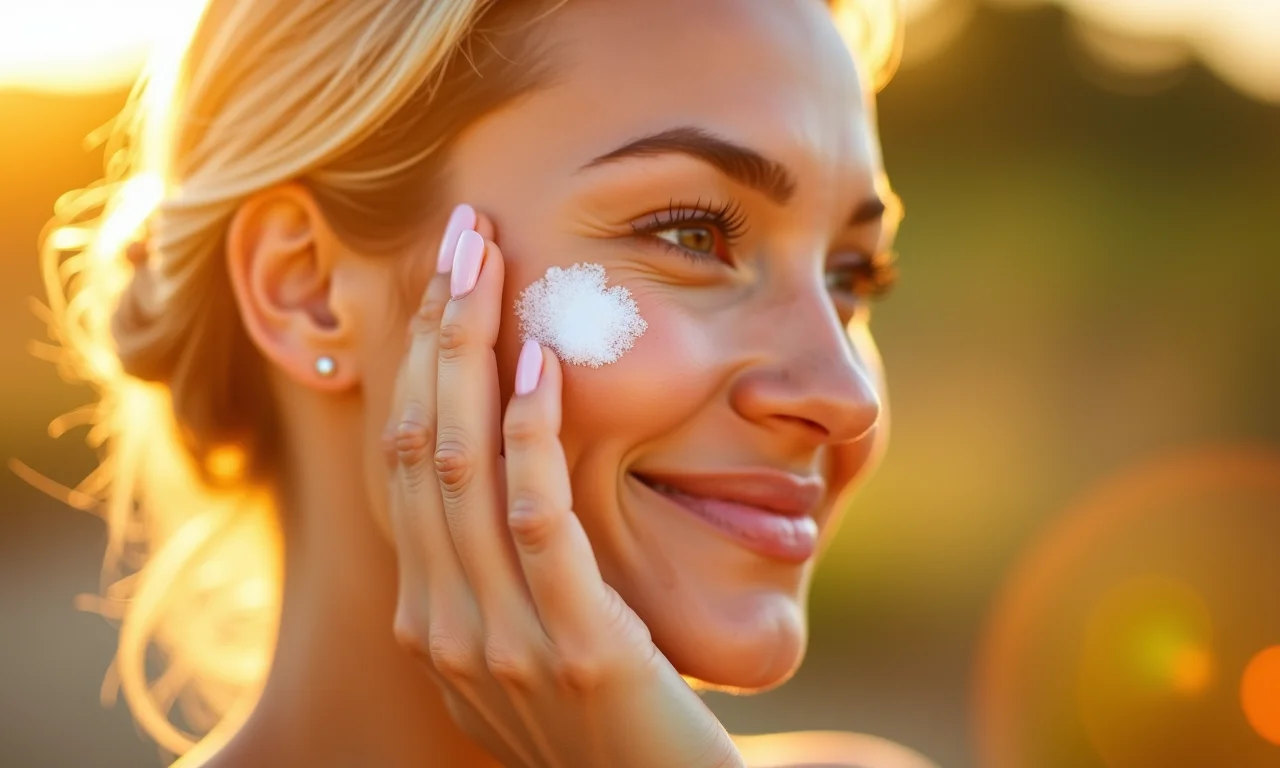 Mulher aplicando protetor solar no rosto, proteção solar essencial.