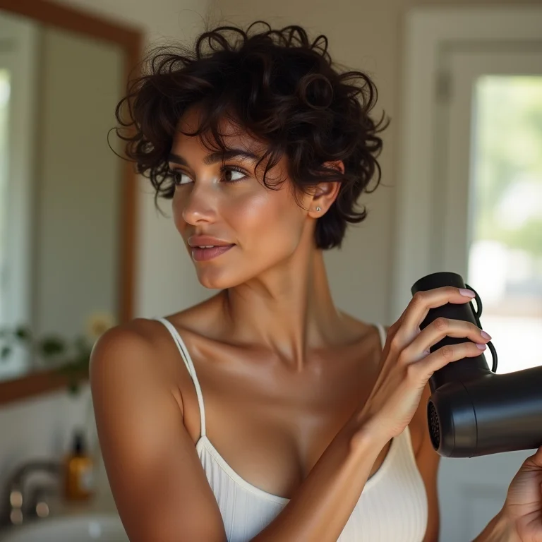 Mulher aplicando protetor térmico no cabelo curto