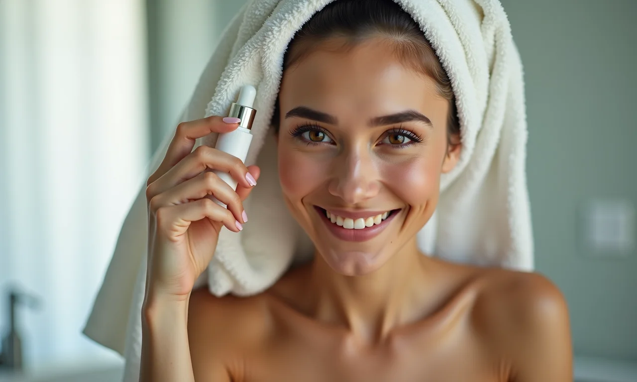 Mulher aplicando reparador de pontas após a lavagem, com cabelo úmido.