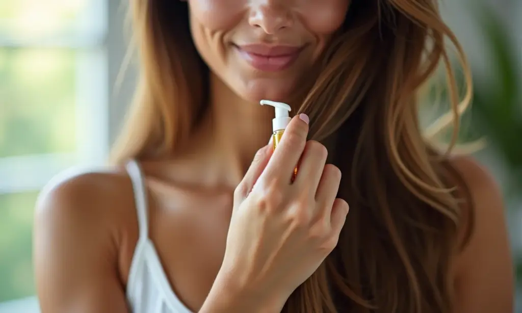 Mulher aplicando reparador de pontas nos cabelos saudáveis e brilhantes.