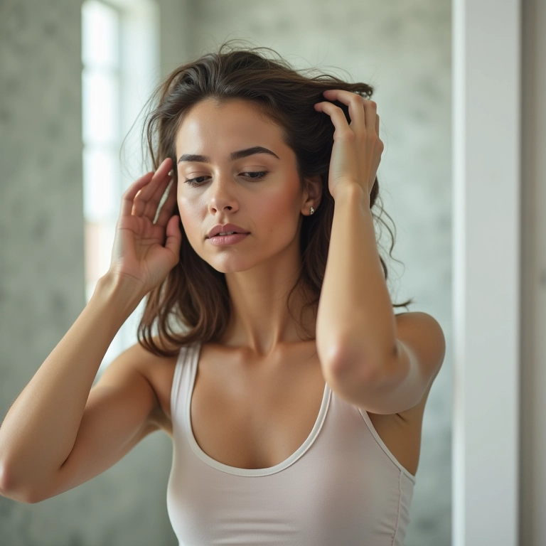 Mulher aplicando shampoo a seco no cabelo em banheiro moderno.