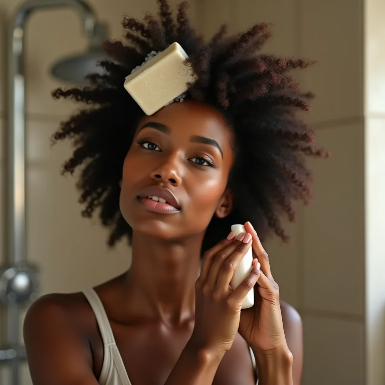 Mulher aplicando shampoo sólido no cabelo durante o banho