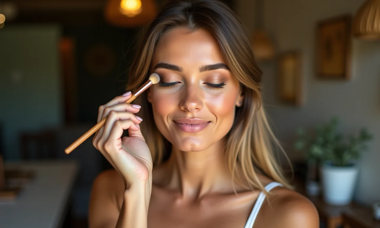 Mulher aplicando sombra marrom para um efeito natural.