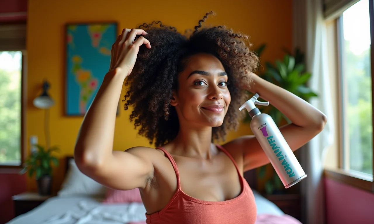 Mulher aplicando spray texturizador no cabelo.