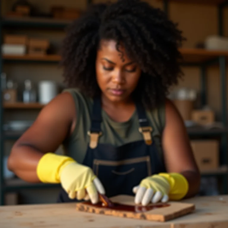 Mulher aplicando stain em madeira na varanda.
