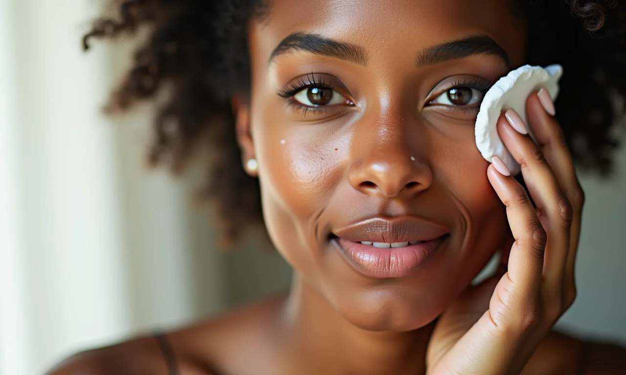 Mulher aplicando tônico facial com um algodão.