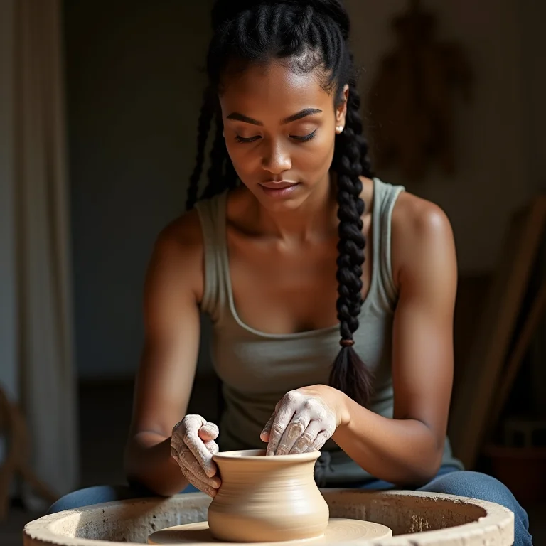 Mulher aprendendo a usar uma roda de oleiro.