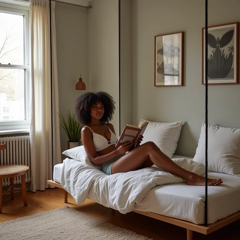 Mulher aproveitando a flexibilidade de um studio com cama suspensa