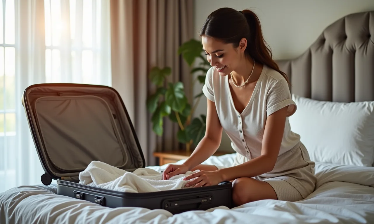 Mulher arrumando mala com conjuntinho estiloso para viagem, praticidade e versatilidade.