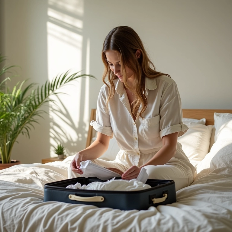 Mulher arrumando mala com roupas de linho para cruzeiro tropical.