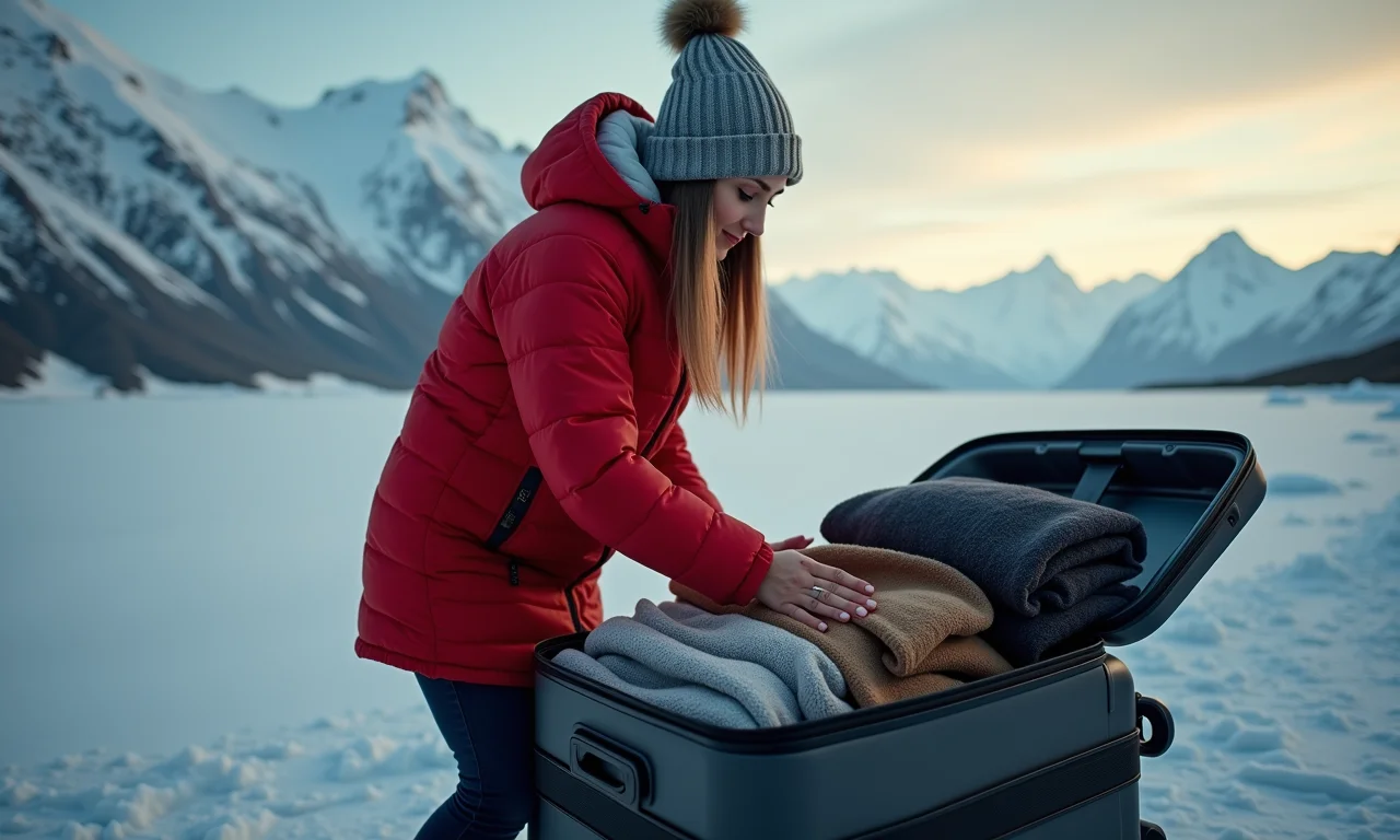 Mulher arrumando mala com roupas quentes para Ushuaia.