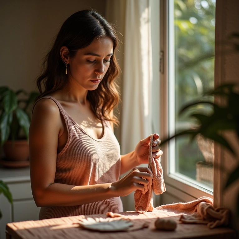 Mulher artesã criando peso de porta de tecido em casa ensolarada.
