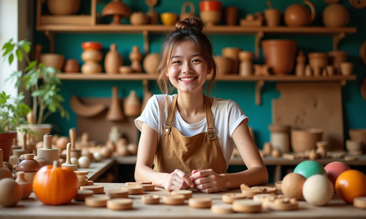 Mulher artesã em loja de artesanato de mordedores.