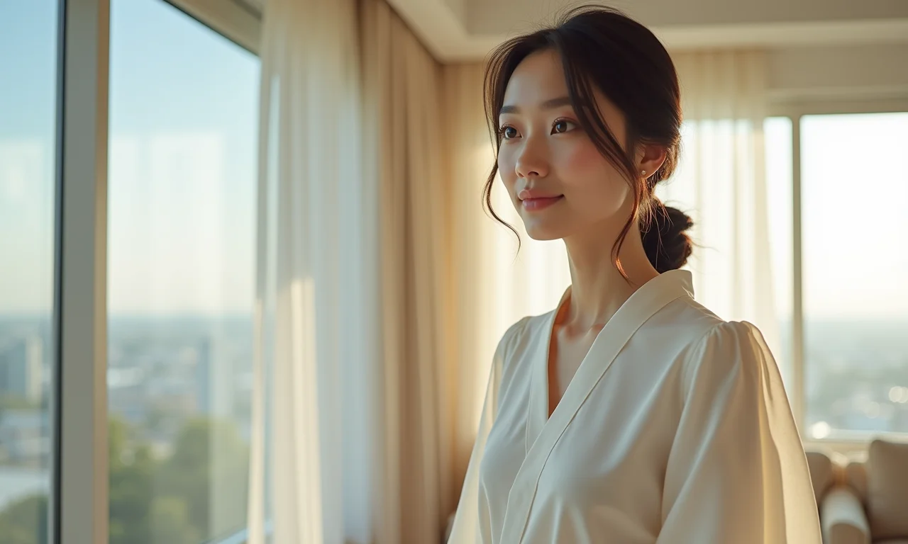 Mulher asiática com blusa de manga japonesa em um apartamento minimalista.