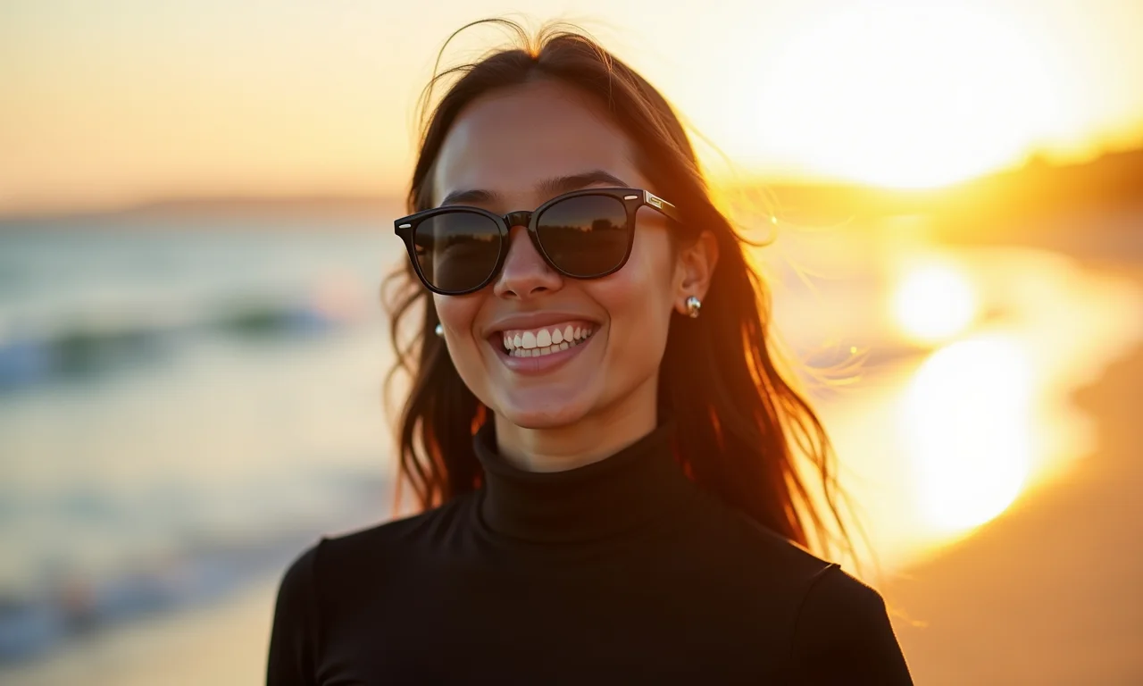 Mulher asiática com gola alta preta e óculos de sol na praia durante a hora dourada.