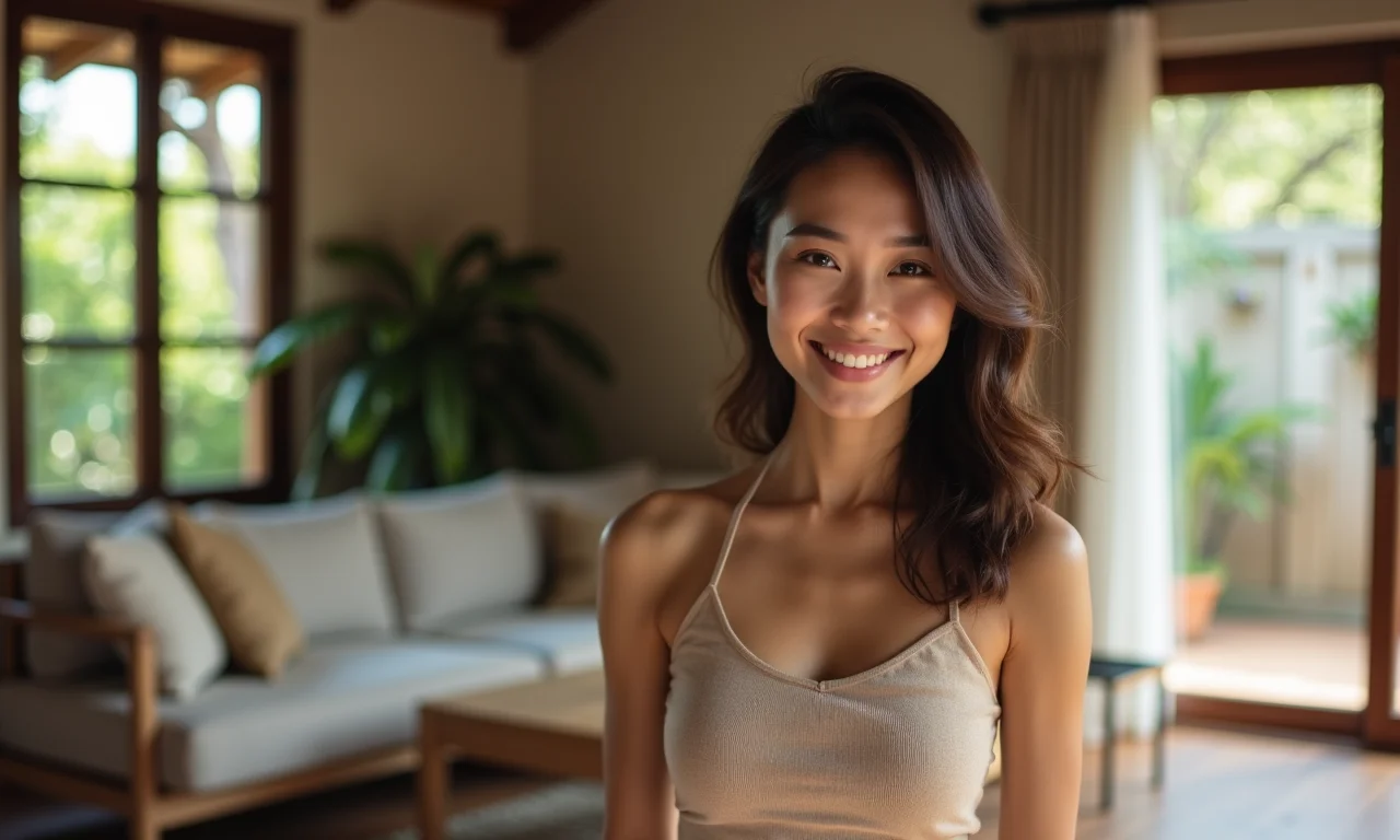 Mulher asiática estilosa com cropped em sala de estar aconchegante com design brasileiro.