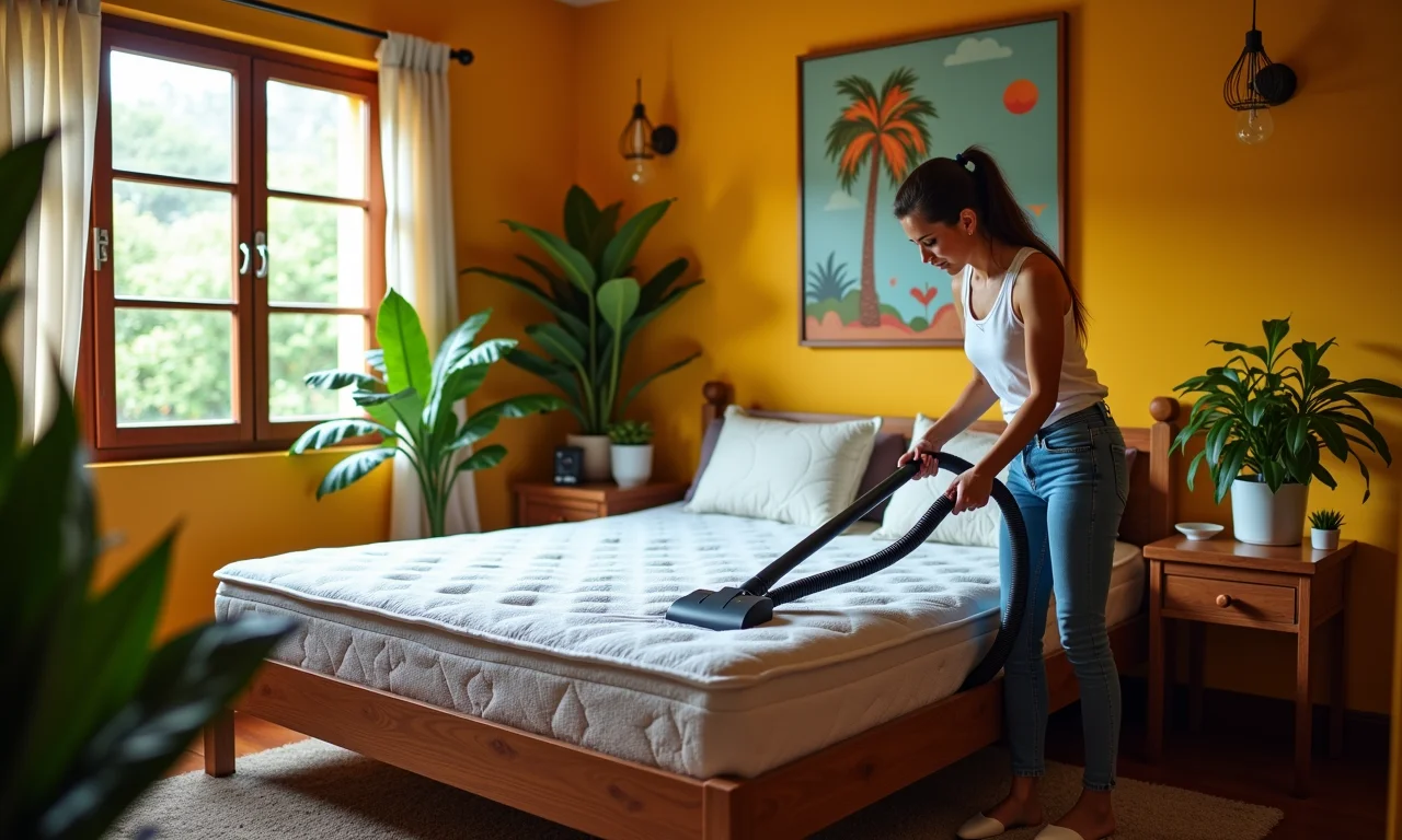 Mulher aspirando colchão em quarto decorado com estilo brasileiro vibrante.