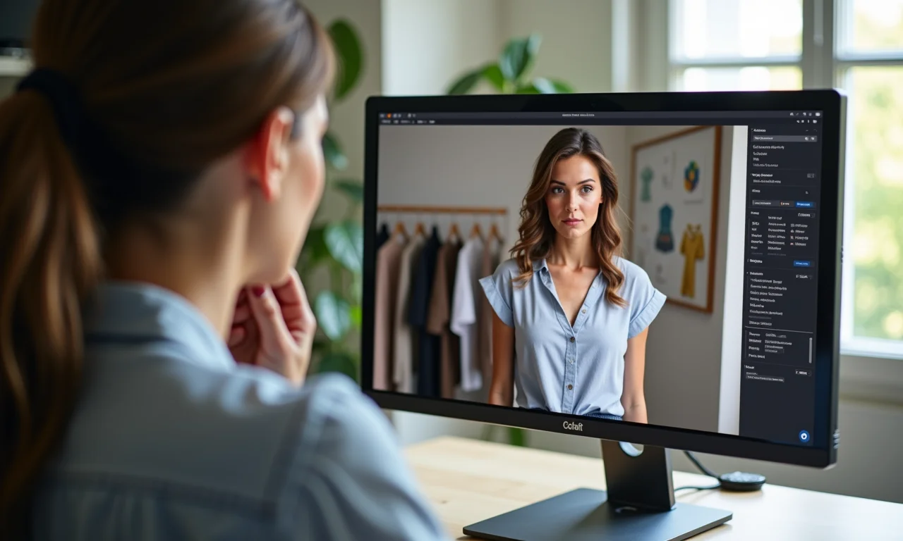 Mulher avaliando cores e tecidos online com personal stylist.