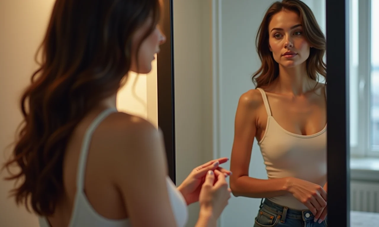 Mulher avaliando roupa em frente ao espelho e ajustando a temperatura da cor da luz.