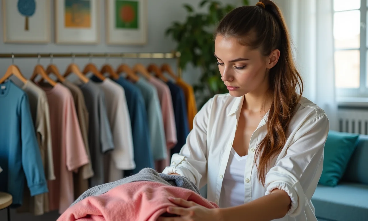 Mulher avaliando suas roupas para um guarda-roupa minimalista.