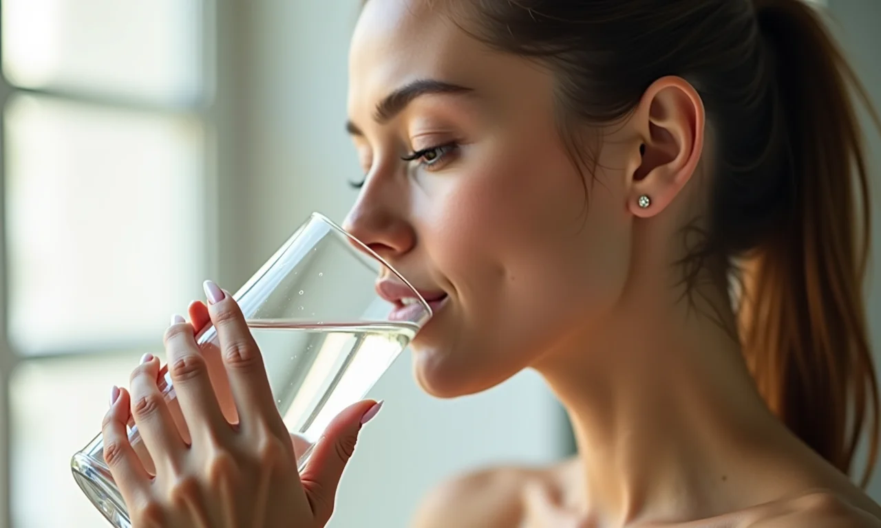 Mulher bebendo água, hidratação essencial para pele e cabelo.