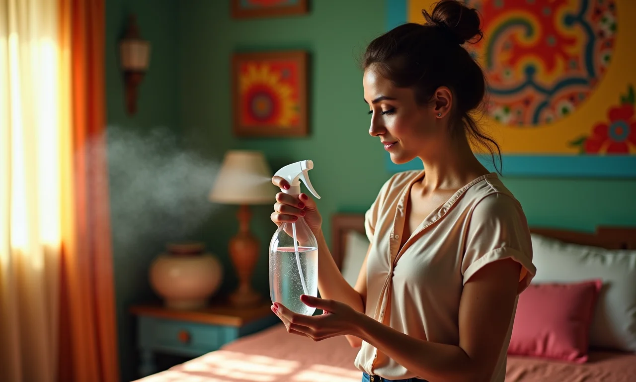 Mulher borrifando água em blusa de seda amassada.