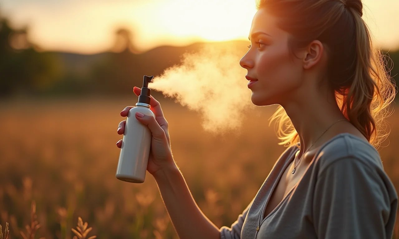 Mulher borrifando álcool em um pincel de maquiagem para limpá-lo.