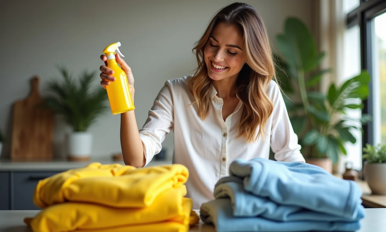 Mulher borrifando suco de limão em roupas para aromatizar naturalmente.