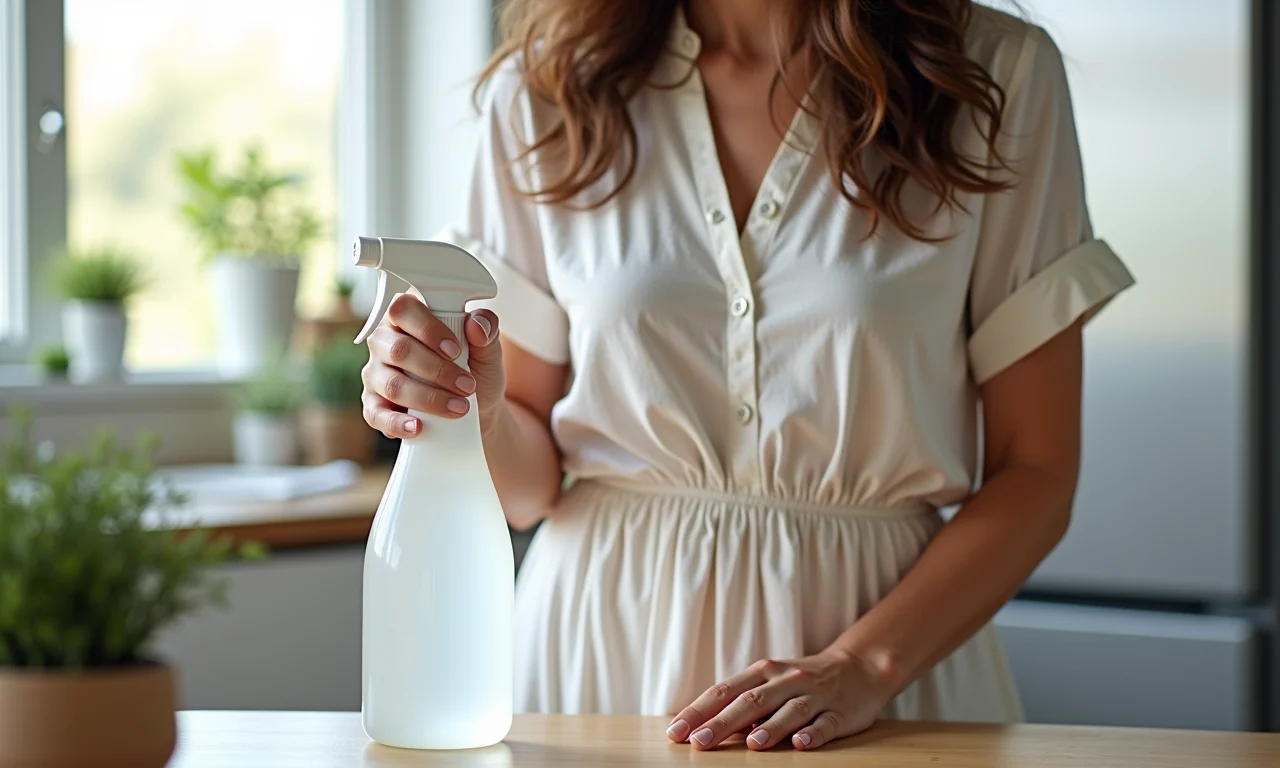 Mulher borrifando vinagre branco em vestido de algodão amassado.