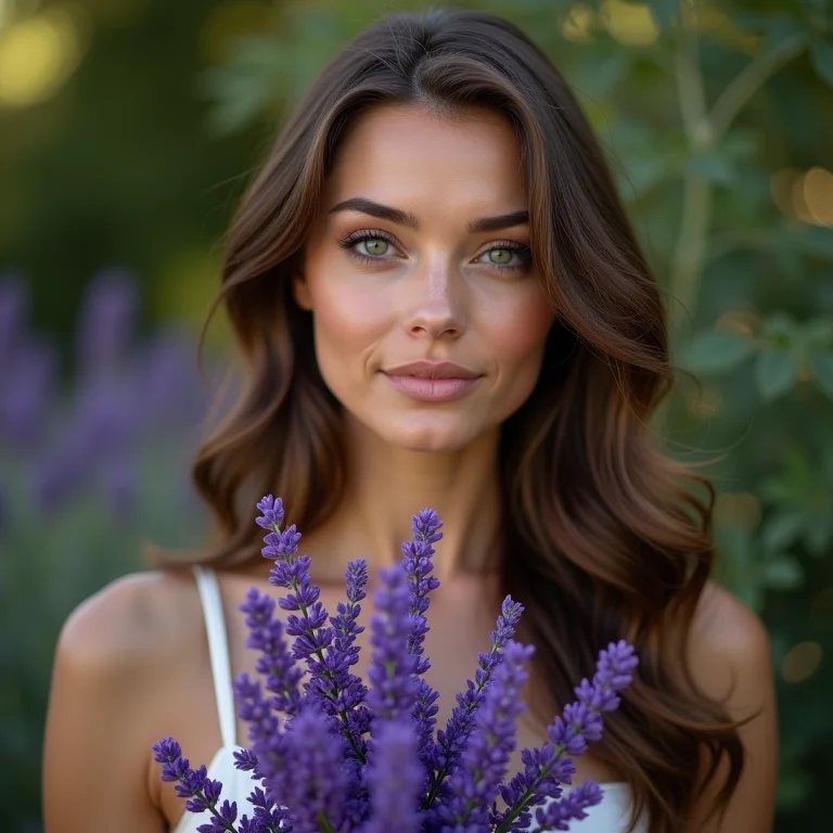 Mulher branca segurando um buquê de lavanda violeta.