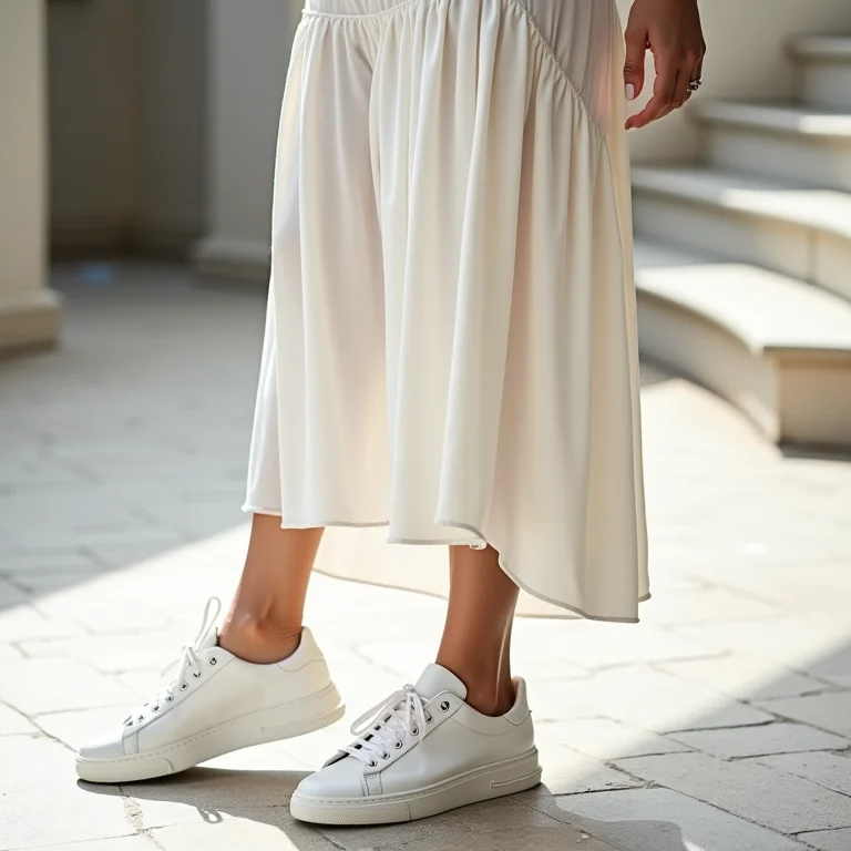 Mulher branca vestindo saia midi e tênis branco em ambiente urbano.
