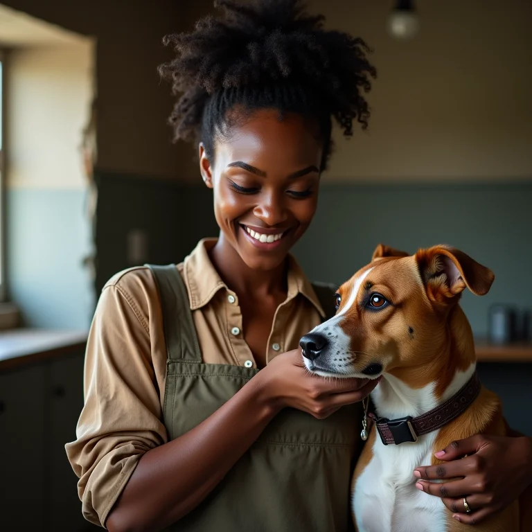 Mulher branca voluntariando em abrigo de animais, acariciando cachorro.