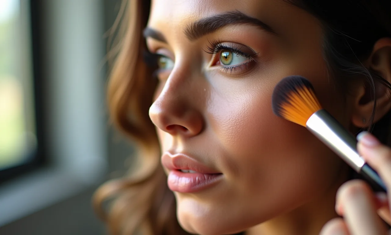 Mulher brasileira aplicando maquiagem de contorno facial.