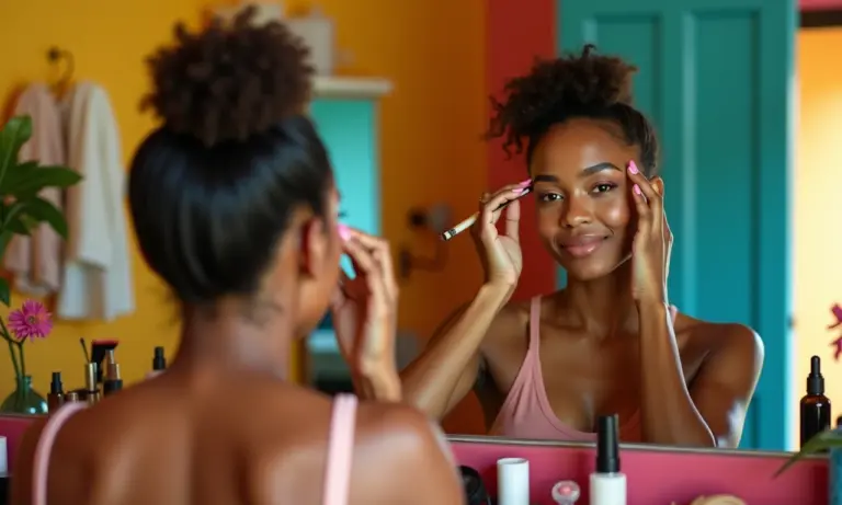 Mulher brasileira aplicando maquiagem em banheiro vibrante com produtos de beleza.