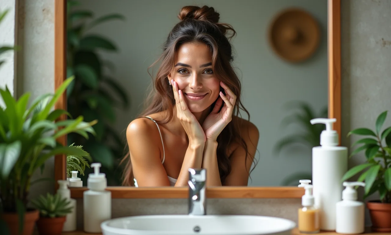 Mulher brasileira aplicando skincare cruelty-free em banheiro com decoração brasileira.