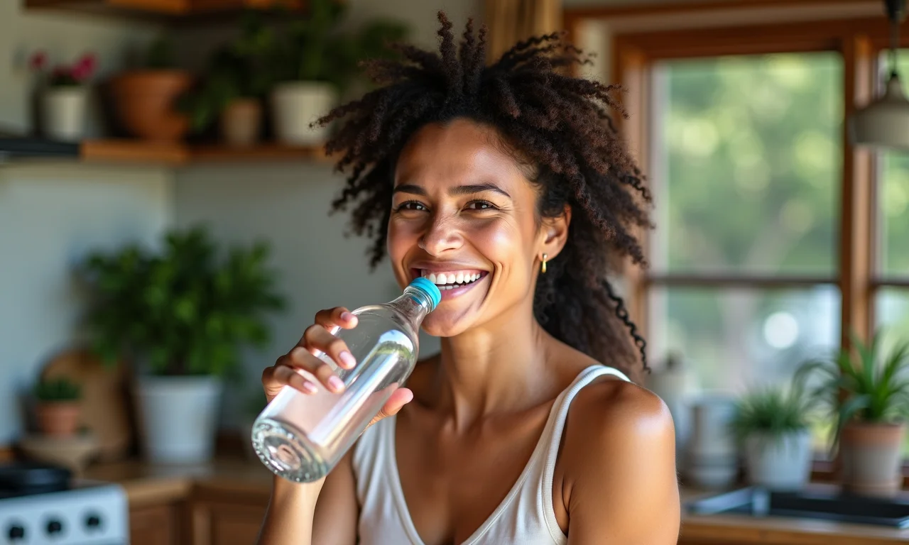 Mulher brasileira bebendo água em cozinha vibrante