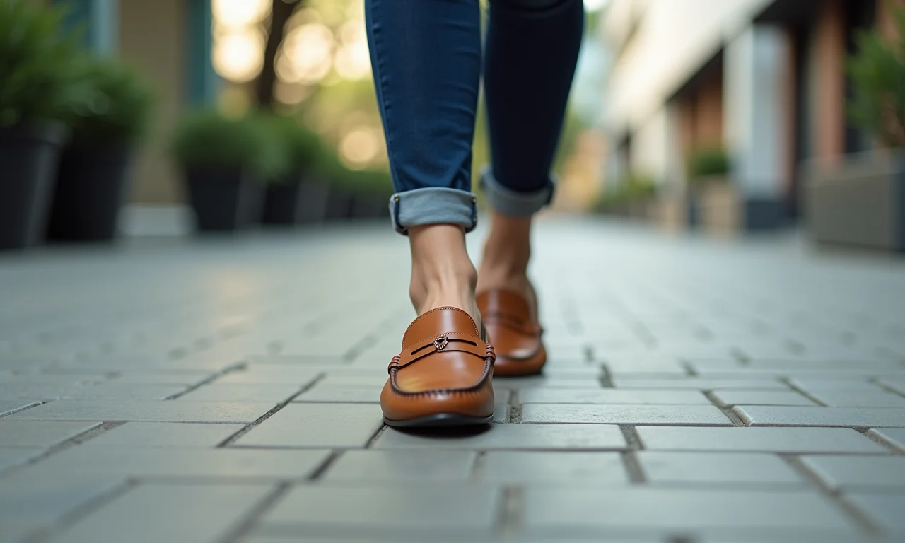 Mulher brasileira caminhando com confiança em um ambiente urbano, usando loafers confortáveis.