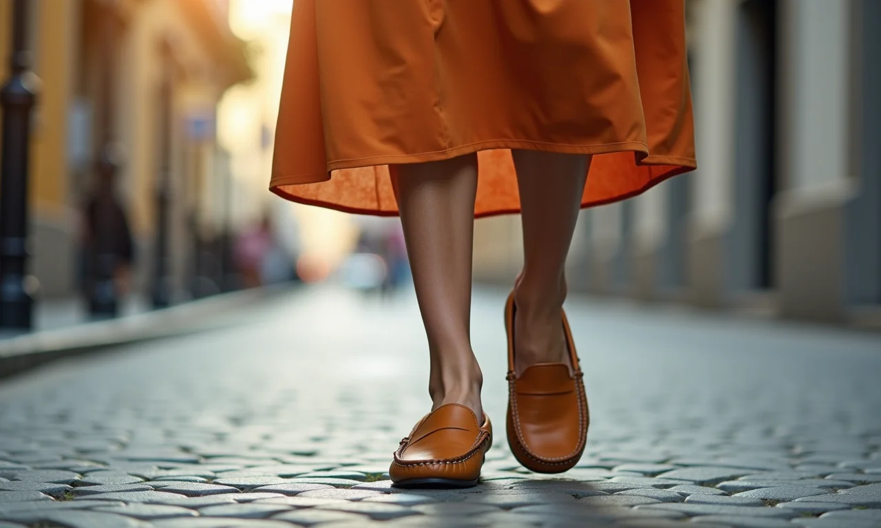 Mulher brasileira caminhando na rua, usando mocassim com vestido ou saia.