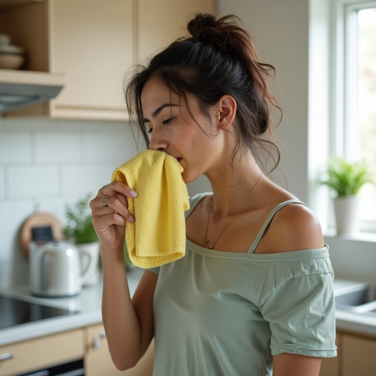 Mulher brasileira cheirando pano de prato limpo em cozinha ensolarada.