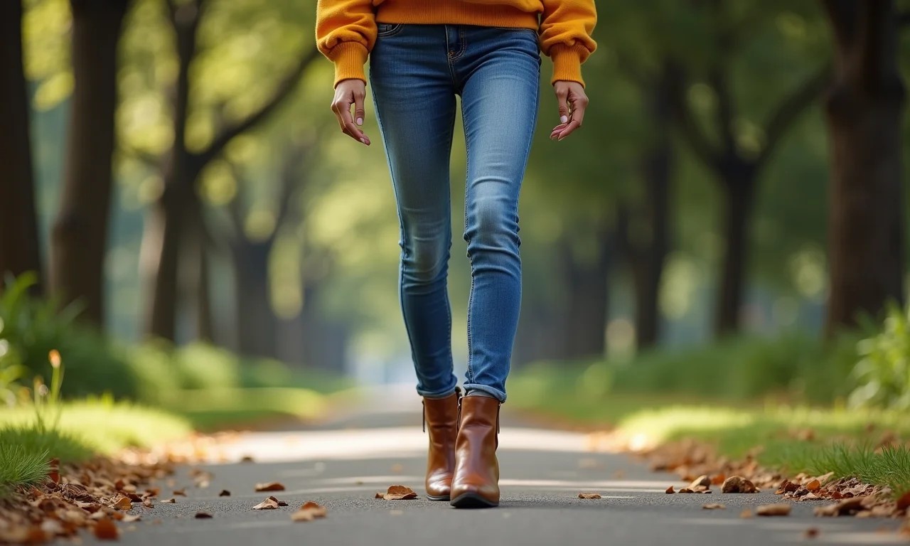 Mulher brasileira com ankle boot e jeans skinny caminhando em um parque.