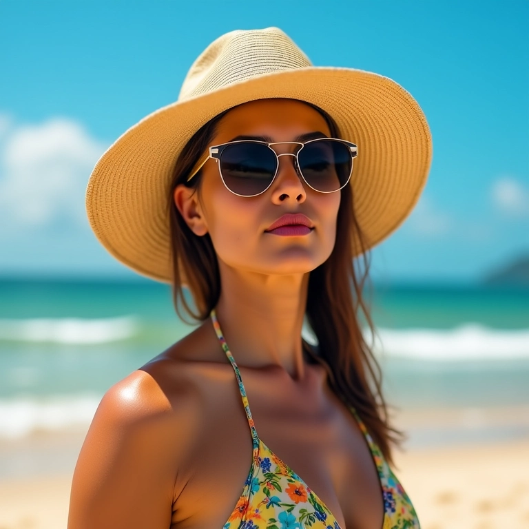 Mulher brasileira com chapéu estiloso na praia do Rio.
