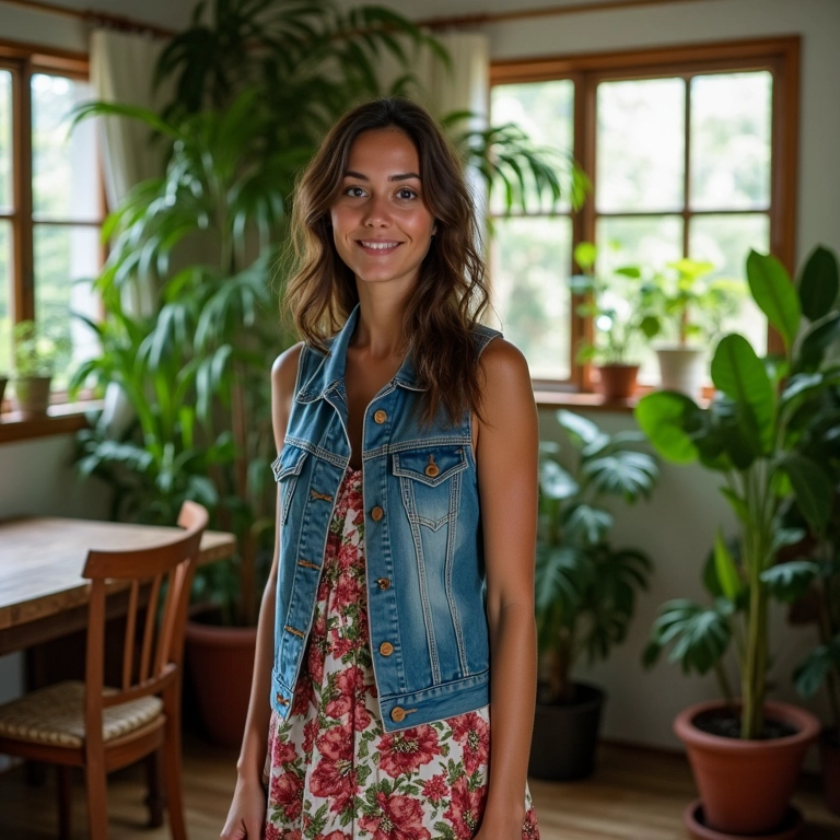 Mulher brasileira com colete jeans em apartamento vibrante.
